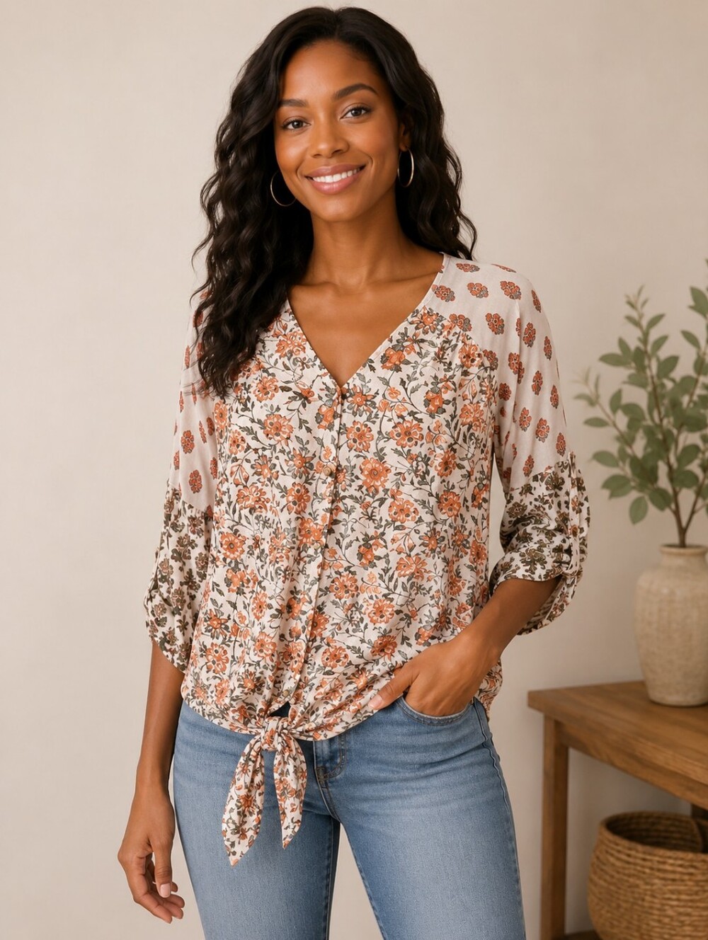One World Floral Orange and White V-Neck Long Sleeve Women's Top - NWT